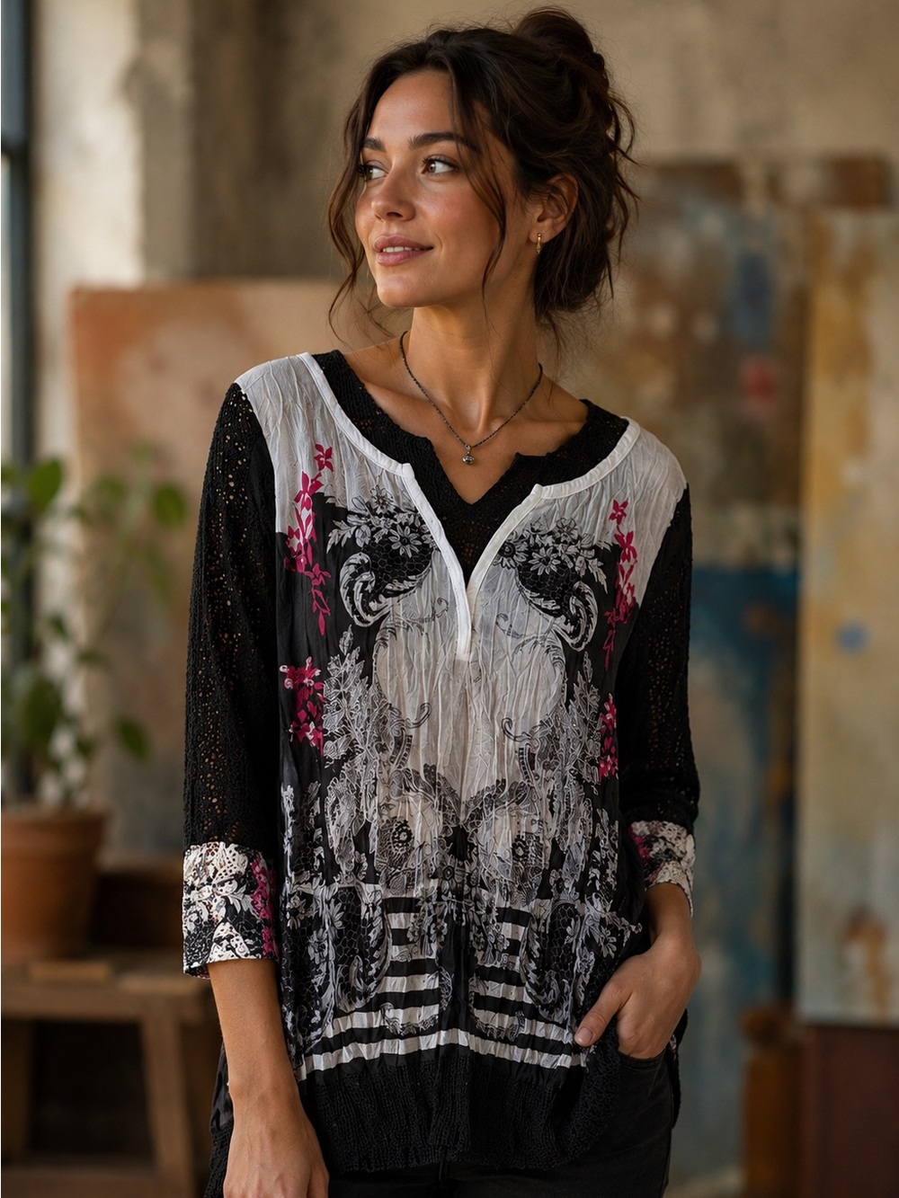 Adam Jacobs Boho Mixed Print Tunic Top Crochet Lace Sleeve Medallion Small